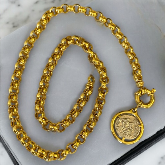 ***SOLD***Vintage 14k Yellow Gold 6mm Rolo Link Roman Coin Pendant Necklace! - Picture 3 of 16
